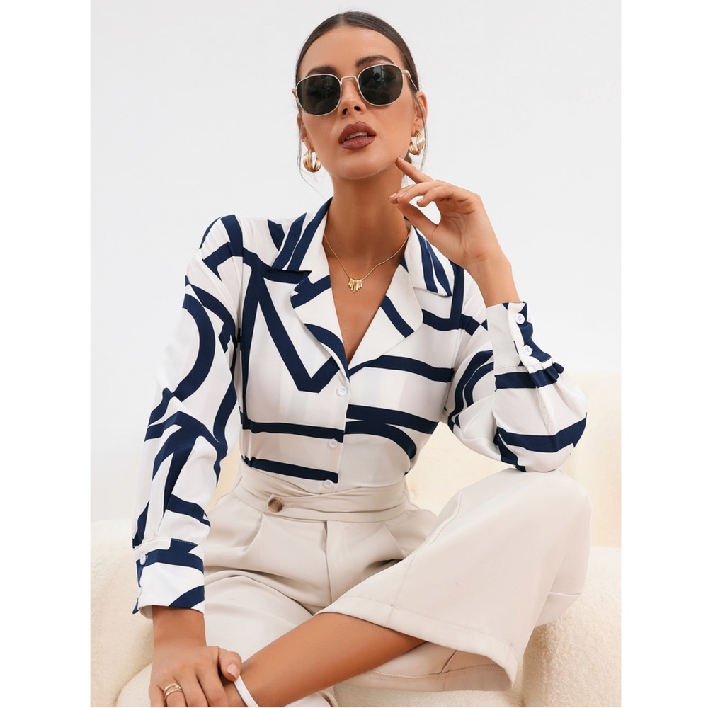 Geometric Print Blouse Buttoned Shirt White - Picture 7 of 9
